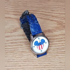 Vintage Disney Mickey Mouse American Flag Quartz Blue Braided Band Watch - Works